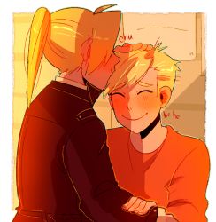 Rule 34 | 2boys, :&gt;, ^ ^, alphonse elric, backlighting, blonde hair, blush, brothers, brown coat, closed eyes, coat, commentary, edward elric, english commentary, closed eyes, fingernails, from behind, fullmetal alchemist, furrowed brow, giggling, hair over one eye, hand on another&#039;s arm, hand on another&#039;s head, highres, huyandere, kiss, kissing forehead, long sleeves, male focus, multiple boys, orange shirt, outdoors, ponytail, profile, shaded face, shirt, siblings, straight hair, sunlight, upper body