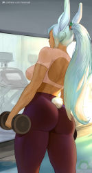 Rule 34 | 1girl, alternate costume, alternate hairstyle, animal ear fluff, animal ears, artist name, ass, back, back cutout, boku no hero academia, breasts, carrot hair ornament, clothing cutout, commentary, cowboy shot, crop top, dark-skinned female, dark skin, dumbbell, english commentary, exercising, female focus, food-themed hair ornament, from behind, gym, hair ornament, holding, indoors, long eyelashes, long hair, medium breasts, mirko, muscular, muscular female, nextoad, pants, patreon username, pink shirt, ponytail, purple pants, rabbit ears, rabbit tail, reflection, shirt, sidelighting, sidelocks, solo, standing, sunset, tail, tail through clothes, thick thighs, thighs, tight clothes, tight shirt, toned, treadmill, very long hair, watermark, web address, weightlifting, white hair, yoga pants