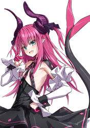 Rule 34 | 1girl, :d, bare shoulders, black dress, blue eyes, blush, breasts, curled horns, detached sleeves, dragon girl, dragon horns, dragon tail, dress, elizabeth bathory (fate), elizabeth bathory (fate/extra ccc), elizabeth bathory (first ascension) (fate), fate/extra, fate (series), hair ribbon, halter dress, halterneck, highres, horns, long hair, looking at viewer, open mouth, pink hair, pointy ears, ribbon, small breasts, smile, solo, tail, takanashi kei (hitsujikan), two side up, v, wrist cuffs