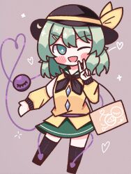 Rule 34 | + +, 1girl, ;d, absurdres, bag, black hat, black ribbon, blush, blush stickers, bow, buttons, detached sleeves, diamond button, green eyes, green hair, green skirt, handbag, hat, hat bow, heart, heart of string, highres, komeiji koishi, light green hair, looking at viewer, medium hair, one eye closed, open mouth, ribbon, shirt, simple background, skirt, smile, solo, sparkle, standing, standing on one leg, third eye, touhou, v, waroemon, yellow bow, yellow shirt