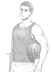 Rule 34 | 1boy, ball, basketball (object), closed mouth, covering nipples, covering privates, greyscale, highres, large pectorals, looking at viewer, male focus, monochrome, muscular, muscular male, om3632f, pectorals, sakuragi hanamichi, shaved head, short hair, shorts, slam dunk (series), solo, sportswear, tank top, twitter username