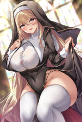 Rule 34 | 1girl, akatsuki (aktk511), black dress, blonde hair, blurry, blurry background, breasts, brown eyes, bursting breasts, button gap, church, commentary request, covered navel, dress, habit, hair between eyes, highres, large breasts, long hair, looking at viewer, nun, open mouth, original, pelvic curtain, shirt, sidelocks, smile, thick thighs, thighhighs, thighs, very long hair, white shirt, white thighhighs, window