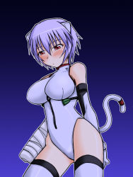 Rule 34 | 1girl, adapted costume, alternate breast size, animal ears, arm behind back, ayanami rei, bach, bandaged arm, bandages, bare shoulders, blue background, blue hair, blush, bracer, breasts, cast, cat tail, cowboy shot, elbow gloves, embarrassed, fake animal ears, fake tail, from side, gloves, gradient background, grimrock! mix edition, hair between eyes, halterneck, headgear, highleg, highleg leotard, hip bones, impossible clothes, impossible leotard, kamiya ogawa, kemonomimi mode, large breasts, legs apart, leotard, looking away, looking down, neon genesis evangelion, outline, pilot suit, plugsuit, red eyes, short hair, solo, standing, tail, thighhighs, turtleneck, white gloves, white leotard, white thighhighs