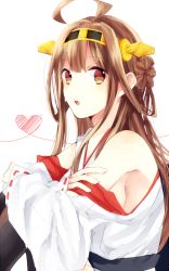 Rule 34 | 10s, 14x8, 1girl, armpits, bare shoulders, boots, brown eyes, brown hair, detached sleeves, heart, kantai collection, kongou (kancolle), long hair, looking at viewer, nontraditional miko, personification, ribbon trim, solo, thigh boots, thighhighs, wide sleeves
