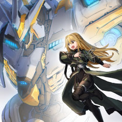 Rule 34 | 1girl, blonde hair, boots, capelet, cross-laced footwear, divine arsenal aa-zeus - sky thunder, duel monster, exosister elis, glowing, hair intakes, highres, korean commentary, lace-up boots, long hair, maxilax, mecha, open mouth, orange eyes, robot, running, simple background, thigh boots, thighhighs, yu-gi-oh!