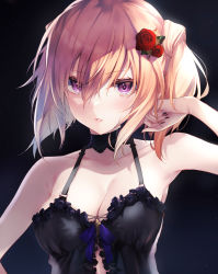 Rule 34 | 1girl, alice gear aegis, bare shoulders, belt, black belt, black collar, black dress, black nails, blush, breasts, brown hair, cleavage, collar, collarbone, detached collar, dot nose, dress, flower, frilled dress, frills, hair between eyes, hair flower, hair ornament, highres, kimikage yui, large breasts, lingerie, lipstick, looking at viewer, makeup, medium hair, nail polish, night, parted lips, purple eyes, purple ribbon, puru (ex-150), red flower, red rose, ribbon, rose, solo, teeth, twintails, underwear, upper body
