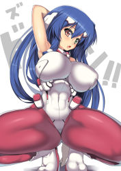 Rule 34 | 1girl, armpits, asama tomo, blue hair, bodysuit, breasts, covered navel, green eyes, groin, hair tubes, heterochromia, huge breasts, kyoukaisenjou no horizon, long hair, nagase haruhito, open mouth, pantyhose, red eyes, sleeveless, solo, spread legs, squatting, thick thighs, thighs