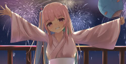 Rule 34 | 1girl, blunt bangs, clenched teeth, commentary, fireworks, hand fan, harurunoe, holding, holding fan, japanese clothes, kimono, long hair, long sleeves, looking at viewer, multicolored hair, night, night sky, obi, original, outdoors, outstretched arms, paper fan, pink kimono, sash, sky, smile, solo, star (sky), starry sky, summer festival, teeth, uchiwa, wide sleeves, yukata