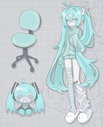Rule 34 | 1girl, am314, aqua eyes, aqua hair, bandaid, chair, hatsune miku, highres, long hair, loungewear, office chair, panties, simple background, slippers, solo, striped clothes, striped thighhighs, stuffed toy, swivel chair, thighhighs, track suit, twintails, underwear, very long hair, vocaloid