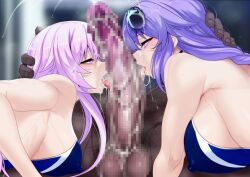 Rule 34 | 1boy, 2girls, breasts, censored, cooperative fellatio, covered erect nipples, cum, dark-skinned male, dark skin, ejaculation, facial, fellatio, half-closed eyes, hand on another&#039;s head, large breasts, large penis, licking, mosaic censoring, multiple girls, nepgear, neptune (neptunia), neptune (series), nyamota, oral, penis, purple heart (neptunia), purple sister, swimsuit, tongue, tongue out