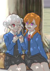 Rule 34 | 2girls, absurdres, arashi chisato, artist name, artist request, bare legs, belt, blue cardigan, blue jacket, blush, bow, bowtie, breasts, buttons, cardigan, collared shirt, cropped jacket, double bun, dress, dress shirt, female focus, fingers together, floating hair, grey belt, grey shirt, grey skirt, hair bun, hair over shoulder, hair tie, highres, jacket, long hair, long sleeves, looking at viewer, love live!, love live! superstar!!, miniskirt, multiple girls, neck ribbon, o-ring, o-ring belt, one eye closed, orange hair, outdoors, parted lips, pinky swear, plaid, plaid skirt, pleated, pleated skirt, purple eyes, red bow, red eyes, red ribbon, ribbon, rubbing eyes, school uniform, shibuya kanon, shirt, skirt, small breasts, smile, sunlight, tears, twintails, wavy hair, white hair, white shirt, wing collar, wiping tears, yuigaoka school uniform