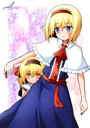 Rule 34 | 2girls, alice margatroid, alice margatroid (pc-98), bad id, bad nicoseiga id, blonde hair, blue eyes, blush, capelet, dual persona, female focus, flying sweatdrops, hairband, haru-yua, hiding, looking at viewer, multiple girls, smile, touhou, touhou (pc-98), yellow eyes, yua (checkmate)