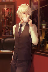 Rule 34 | 1boy, ahoge, belt, blurry, book, building, cabinet, chair, commission, cup, desk, drinking, hair between eyes, highres, holding, holding cup, indoors, leaning, looking outside, male focus, necktie, original, paper, purple eyes, purple necktie, reflection, skeb commission, solo, steam, teacup, window, zonotaida