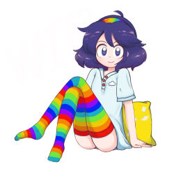 Rule 34 | 1girl, adapted costume, ahoge, buttons, hairband, highres, keb00b, multicolored clothes, multicolored hairband, multicolored legwear, pillow, purple eyes, purple hair, rainbow order, shirt, short hair, simple background, sitting, smile, socks, tenkyuu chimata, thighhighs, touhou, white background, white shirt