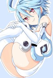 Rule 34 | 1girl, ass, bare shoulders, blue hair, blush, breasts, elbow gloves, gloves, hair between eyes, highres, iwashi dorobou -r-, leotard, light blue hair, looking at viewer, neptune (series), power symbol, power symbol-shaped pupils, red eyes, short hair with long locks, small breasts, smile, solo, symbol-shaped pupils, thick thighs, thighhighs, thighs, white gloves, white heart (neptunia), white leotard
