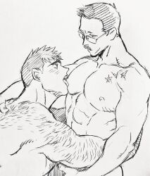 Rule 34 | 2boys, arm hair, back hair, bara, billy russell (dickfish), completely nude, couple, dickfish (fishismdick), eye contact, facial hair, from side, glasses, hairy, hand on another&#039;s back, highres, john rottweil (dickfish), large pectorals, licking, licking nipple, looking at another, male focus, mature male, multiple boys, muscular, muscular male, mustache, nipple stimulation, nipples, nude, original, pectorals, scan, scar, short hair, sideburns, sketch, thick eyebrows, tongue, tongue out, traditional media, yaoi