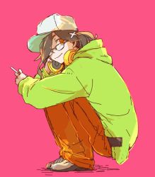 Rule 34 | 1girl, baseball cap, bespectacled, brown eyes, brown hair, cellphone, commentary request, female focus, flats, full body, gaen izuko, glasses, green hat, green sweater, hair ornament, hair over one eye, hat, headphones, headphones around neck, long hair, long sleeves, looking at viewer, monogatari (series), pants, phone, red background, red pants, simple background, smartphone, solo, squatting, sweater, toge (owannun), white hat