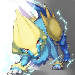 Rule 34 | bad id, bad pixiv id, claws, commentary request, creatures (company), electricity, fangs, full body, game freak, gen 3 pokemon, highres, looking at viewer, manectric, mian (3zandora), nintendo, no humans, open mouth, pokemon, pokemon (creature), red eyes, solo, standing, tongue