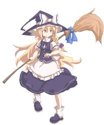 Rule 34 | 1girl, blonde hair, bow, braid, broom, hair bow, hair ribbon, hat, holding, kaminendo, kirisame marisa, long hair, looking at viewer, ribbon, simple background, single braid, smile, solo, touhou, white background, witch hat, yellow eyes