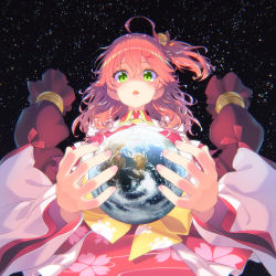 Rule 34 | 1girl, ahoge, bell, cherry blossom print, chestnut mouth, earth (planet), floral print, green eyes, hair bell, hair between eyes, hair ornament, hairclip, hakui ami, highres, hololive, nail polish, open mouth, pink hair, pink nails, planet, sakura miko, sakura miko (1st costume), space, star (sky), virtual youtuber, x hair ornament