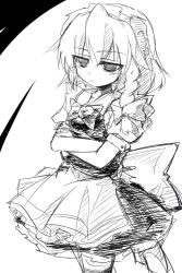 Rule 34 | apron, braid, breasts, closed mouth, collared shirt, commentary request, cowboy shot, crossed arms, expressionless, izayoi sakuya, maid, maid apron, maid headdress, oka (bananashoe), puffy short sleeves, puffy sleeves, shirt, short sleeves, side braid, simple background, single braid, sketch, skirt, small breasts, thighhighs, touhou, vest, waist apron, white background