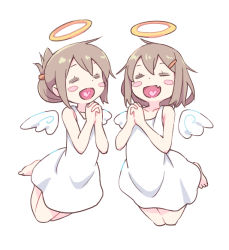 Rule 34 | 10s, 2girls, :d, = =, angel, barefoot, blush, blush stickers, brown hair, collarbone, dress, fang, folded ponytail, full body, hair ornament, hairclip, halo, heart, heart in mouth, ikazuchi (kancolle), inazuma (kancolle), kantai collection, multiple girls, open mouth, own hands clasped, own hands together, simple background, sleeveless, sleeveless dress, smile, tonmoh, white background, white dress, white wings, wings