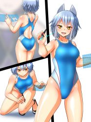 Rule 34 | 1girl, absurdres, blue one-piece swimsuit, character request, commentary request, competition swimsuit, cowboy shot, fox girl, highres, hologram, looking at viewer, multicolored clothes, multicolored swimsuit, multiple views, one-piece swimsuit, original, silver hair, squatting, standing, swimsuit, virtual youtuber, yellow eyes, yurizuku owl