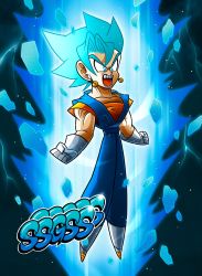 Rule 34 | &gt;:), 1boy, :d, artist request, aura, blue hair, boots, clenched hand, dragon ball, dragon ball super, earrings, full body, gloves, highres, jewelry, muscular, open mouth, potara earrings, signature, smile, solo, spiked hair, super saiyan, super saiyan blue, vegetto, white gloves