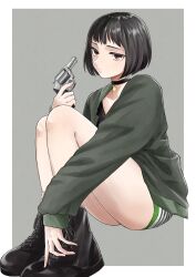 1girl aiming_up black_choker black_footwear black_hair black_shirt black_shorts bob_cut boots border brown_eyes choker closed_mouth collarbone commentary expressionless eyelashes from_side green_jacket green_shorts grey_background gun hand_on_own_foot handgun highres holding holding_gun holding_weapon jacket knees_up leon_the_professional long_sleeves looking_at_viewer looking_to_the_side mathilda_lando multicolored_clothes multicolored_shorts open_clothes open_jacket outside_border paper_texture pendant_choker revolver ruger_sp101 sakuma_(skmsy34) shirt short_hair short_shorts shorts sitting solo spread_fingers weapon white_border white_shorts