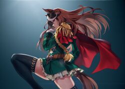 Rule 34 | 1girl, absurdres, aiguillette, animal ears, belt, black thighhighs, brown hair, cape, commentary request, epaulettes, floating hair, from side, glaring, gloves, green jacket, green skirt, hand up, highres, horse ears, horse girl, horse tail, jacket, long hair, long sleeves, looking at viewer, looking to the side, miniskirt, motsunabe (mo2nap3), multicolored hair, open mouth, partial commentary, purple eyes, red cape, side cape, sideways mouth, single epaulette, skirt, solo, streaked hair, symboli rudolf (umamusume), tail, thighhighs, umamusume, white gloves