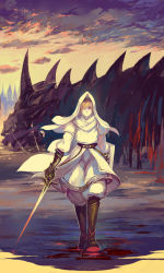 Rule 34 | 1girl, absurdres, androgynous, asllence, belt, blonde hair, blood, bloody weapon, boots, cloak, cloud, cloudy sky, dragon, expressionless, full body, highres, hood, hooded cloak, knee boots, monster, pants, pants tucked in, pixiv fantasia, pixiv fantasia fallen kings, puffy pants, red eyes, reflection, shield, sky, solo, sword, walking, weapon