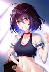Rule 34 | 1girl, absurdres, ahoge, armband, bag, bare shoulders, black hair, blue hair, clothes lift, commentary request, grin, halterneck, hand on own hip, highres, honkai (series), honkai impact 3rd, looking at viewer, midriff, multicolored hair, navel, red eyes, seele (alter ego), seele vollerei, shirt lift, shopping bag, short hair, smile, solo, timmoo, toothpick, two-tone hair