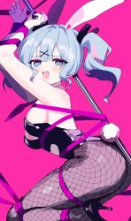 Rule 34 | 1girl, :d, animal ears, armpits, ass, black footwear, black leotard, black pantyhose, blue eyes, blue hair, blush, bound, bound wrists, breasts, fake animal ears, fake tail, fishnet pantyhose, fishnets, from side, full body, hair ornament, hatsune miku, heart, heart-shaped pupils, hell fuuna, high heels, highleg, highleg leotard, highres, large breasts, leotard, looking at viewer, necktie, open mouth, pantyhose, pink background, pink necktie, pole, rabbit ears, rabbit hole (vocaloid), rabbit tail, ribbon, ribbon bondage, short hair, sidelocks, simple background, smile, solo, stripper pole, symbol-shaped pupils, tail, twintails, vocaloid, x hair ornament