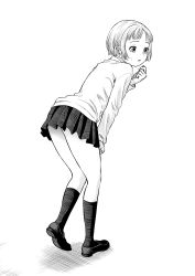 Rule 34 | 1girl, absurdres, commentary request, from behind, full body, greyscale, hand on own leg, hand up, highres, kneehighs, leaning forward, long sleeves, looking to the side, miniskirt, monochrome, original, pleated skirt, resolution mismatch, shirt, shoes, short hair, skirt, socks, solo, source smaller, standing, wadachitokakeru