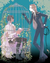 Rule 34 | 2boys, belt, birdcage, black footwear, black gloves, black hair, black jacket, black necktie, black pants, black suit, blue background, book, book holster, boots, brown belt, brown hair, bungou to alchemist, cage, cloak, closed mouth, collared shirt, cross-laced footwear, dark-skinned male, dark skin, earclip, expressionless, eye contact, fingerless gloves, formal, from side, full body, gloves, grey eyes, hair between eyes, hand on own hip, hand up, holding, holding book, holding whip, holster, in cage, jacket, lace-up boots, lapel pin, lapels, long hair, long sleeves, looking at another, male focus, masamune hakuchou (bungou to alchemist), mole, mole under eye, multiple boys, necktie, notched lapels, open book, pants, parted bangs, plant, pocket square, profile, purple eyes, purple vest, shirt, shoes, short hair, sitting, sleeveless, sleeveless shirt, smile, standing, stool, suit, thigh holster, vest, vines, wazuka (wzzc), white cloak, white gloves, white shirt, yumeno kyuusaku (bungou to alchemist)