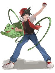 Rule 34 | 1boy, arm up, backwards hat, belt, black hair, blue pants, bulbasaur, chinese commentary, clenched hand, commentary request, creatures (company), game freak, gen 1 pokemon, hat, highres, holding, holding poke ball, jacket, legs apart, male focus, nintendo, open clothes, open jacket, pants, plant, poke ball, poke ball (basic), pokemon, pokemon (creature), pokemon adventures, red (pokemon), red eyes, red headwear, sakanobo (sushi1021), shirt, shoes, short hair, spiked hair, standing, vines, white footwear