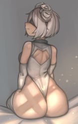 Rule 34 | 1girl, 2b (nier:automata), ass, backless outfit, blindfold, breasts, commentary, curvy, elbow gloves, from behind, gloves, grey background, highleg, highleg leotard, highres, kelvin hiu, leotard, nier:automata, nier (series), shadow, shiny skin, short hair, simple background, sitting, skindentation, solo, sunlight, thong leotard, white gloves, white hair, white leotard, wide hips