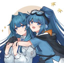 Rule 34 | 2girls, :d, arknights, astesia (arknights), astgenne (arknights), bird, black cape, blue eyes, blue hair, blue shirt, cape, diamond-shaped pupils, diamond (shape), dress, goggles, goggles on head, hair intakes, highres, holding hands, hug, hug from behind, long hair, long sleeves, mabing, multiple girls, open mouth, ponytail, shirt, siblings, simple background, sisters, smile, sparkle, split mouth, symbol-shaped pupils, upper body, white background, white dress
