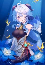 Rule 34 | 1girl, ahoge, bare shoulders, bell, black gloves, black pantyhose, blue flower, blue hair, breasts, bug, butterfly, chinese knot, detached sleeves, flower, flower knot, ganyu (genshin impact), genshin impact, glaze lily, gloves, gold trim, highres, horns, insect, long hair, looking at viewer, low ponytail, medium breasts, neck bell, night, one eye closed, open mouth, oyasumi (oyasumign8), pantyhose, purple eyes, rubbing eyes, seiza, sidelocks, sitting, solo, thighlet, vision (genshin impact), white sleeves