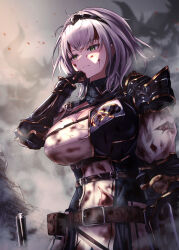 Rule 34 | 1girl, absurdres, belt, black gloves, blood, blood on clothes, blood on face, blue dress, breasts, brown belt, cleavage, cleavage cutout, clothing cutout, dress, fingerless gloves, gloves, green eyes, grey hair, highres, hololive, holster, kaiju ryoku, large breasts, leather belt, looking at viewer, shirogane noel, shirogane noel (1st costume), short hair, solo, torn clothes, torn dress, two-tone dress, virtual youtuber, white dress