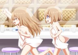 Rule 34 | 10s, 2girls, :d, ^ ^, basket, bath, blue eyes, brown hair, closed eyes, covering privates, from side, indoors, long hair, mizunashi (second run), multiple girls, naked towel, neptune (series), nude, nude cover, open mouth, profile, ram (neptunia), rom (neptunia), running, short hair, siblings, sisters, smile, stool, towel, twins