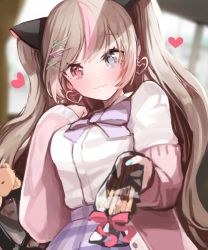 Rule 34 | 1girl, absurdres, blonde hair, blue eyes, blush, bow, bowtie, cardigan, earrings, gift, girls&#039; frontline, hair ornament, hair ribbon, heterochromia, highres, jewelry, long hair, looking at viewer, mk23 (girls&#039; frontline), mk23 (new term begins with a meow) (girls&#039; frontline), multicolored eyes, multicolored hair, necktie, pink cardigan, pink eyes, plaid, plaid skirt, pocky day, purple bow, purple bowtie, ribbon, seorang, shirt, skirt, solo, toy, white shirt