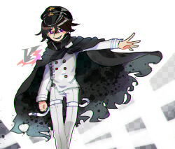 1boy belt black_cloak black_hair blush_stickers buttons clenched_hand cloak collared_cloak commentary danganronpa_(series) danganronpa_v3:_killing_harmony double-breasted english_commentary feet_out_of_frame fettuchi hair_between_eyes hat high_collar jacket logo long_sleeves looking_to_the_side male_focus multicolored_buttons oma_kokichi open_belt open_mouth outstretched_arm pants peaked_cap purple_eyes short_hair smile solo standing teeth thigh_belt thigh_strap torn_clothes white_background white_belt white_jacket white_pants