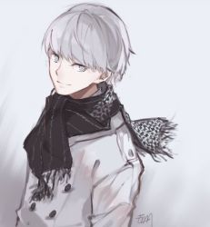 Rule 34 | 1boy, erm (doubledream), grey eyes, grey hair, highres, looking at viewer, male focus, narukami yuu, persona, persona 4, scarf, short hair, smile, solo, winter clothes