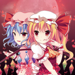Rule 34 | 2girls, ascot, blonde hair, blood, blood on face, blue hair, dress, fang, flandre scarlet, frilled shirt collar, hat, licking lips, looking at viewer, mob cap, moon, multiple girls, petals, puffy short sleeves, puffy sleeves, red eyes, red moon, remilia scarlet, short hair, short sleeves, siblings, side ponytail, sisters, swami, tongue, tongue out, touhou, tsurime, wings