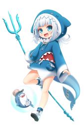 Rule 34 | 1girl, :d, animal hood, bloop (gawr gura), blue eyes, blue hair, blue hoodie, blue socks, blush, boots, bubble, commentary request, fang, fins, fish tail, full body, gawr gura, gawr gura (1st costume), grey hair, highres, holding, holding polearm, holding weapon, hololive, hololive english, hood, hood up, hoodie, kuwada yuuki, long hair, long sleeves, looking at viewer, multicolored hair, open mouth, polearm, shark hood, shark tail, simple background, sleeves past wrists, smile, socks, streaked hair, tail, trident, virtual youtuber, weapon, white background, white footwear, wide sleeves