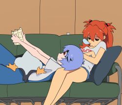 Rule 34 | 2girls, :o, ayanami rei, blue hair, casual, chimeraenvy, couch, crossed arms, gloom (expression), head on another&#039;s leg, highres, interface headset, leaning on person, long hair, lying, lying on lap, multiple girls, neon genesis evangelion, nose bubble, orange hair, penpen, reading, red eyes, shirt, short hair, short shorts, shorts, sleeping, sleeping upright, souryuu asuka langley, squeans, white shirt