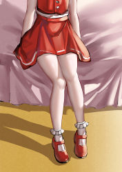 Rule 34 | 1girl, absurdres, ailu elf, bed, blouse, flandre scarlet, frilled socks, frills, highres, legs, mary janes, red footwear, red skirt, red vest, shadow, shirt, shoes, simple background, sitting, skirt, socks, solo, thighs, touhou, vest, white background, white shirt