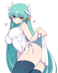 Rule 34 | 1girl, aqua hair, ass, black thighhighs, breasts, chan co, china dress, chinese clothes, clothes lift, cowboy shot, dress, dress lift, fate/grand order, fate (series), from side, half-closed eyes, heart, horns, kiyohime (fate), large breasts, leaning forward, long hair, looking at viewer, panties, side-tie panties, side slit, simple background, smile, solo, string panties, thighhighs, thighs, underwear, very long hair, white background, white dress, white panties, yellow eyes