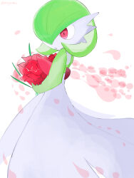 Rule 34 | 1girl, artist name, bob cut, bouquet, colored skin, creatures (company), female focus, flower, from side, game freak, gardevoir, gen 3 pokemon, green hair, green skin, hair over one eye, highres, holding, holding bouquet, looking to the side, multicolored skin, nintendo, one eye covered, parted lips, petals, pokemon, pokemon (creature), red eyes, red flower, short hair, signature, solo, standing, twitter username, two-tone skin, white background, white skin, zen (koko)